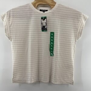 Lightweight Shimmer Striped Shirt Womens XL Cream Short Sleeve Casual Top New